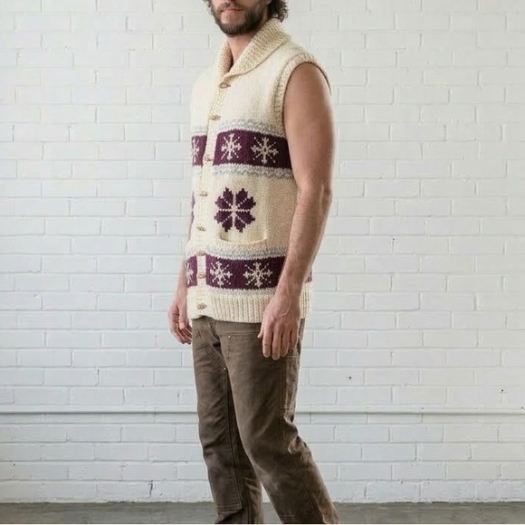 Vintage Handmade Knit Cardigan Sweater Vest Shawl Collar Mens Large Cowichan 70s - Picture 2 of 11